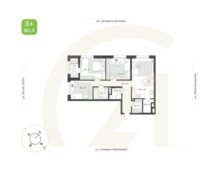 3-комн. квартира, 80,4 м²в ЖК «Бионика Парк»