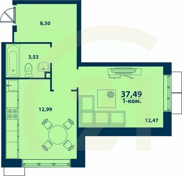 1-комн. квартира, 37,49 м²в ЖК «Город природы»