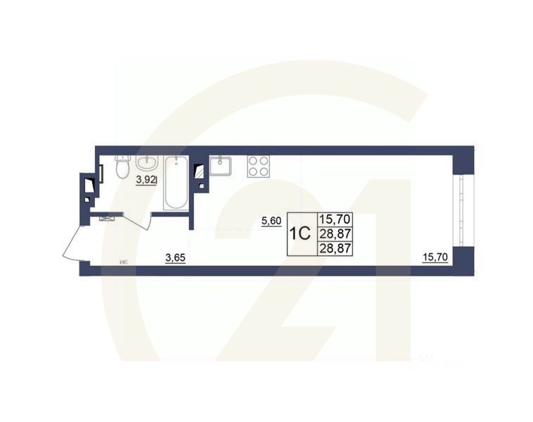1-комн, 28,96 м²в ЖК «Космос»