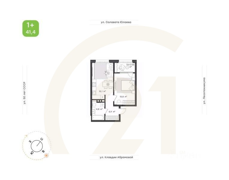 1-комн. квартира, 41,4 м²в ЖК «Бионика Парк»