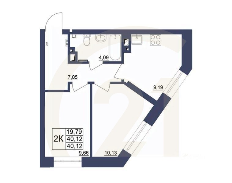 2-комн. квартира, 40,12 м²в ЖК «Космос»