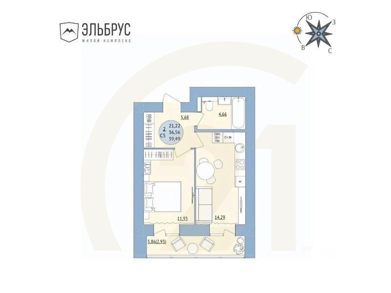 2-комн. квартира, 39,49 м²в ЖК «Эльбрус»