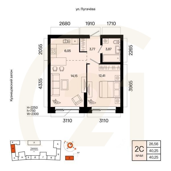 2-комн. квартира, 40,25 м²в ЖК «Первый остров»