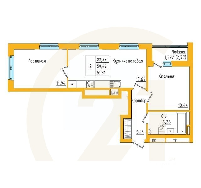 2-комн. квартира, 51,81 м²