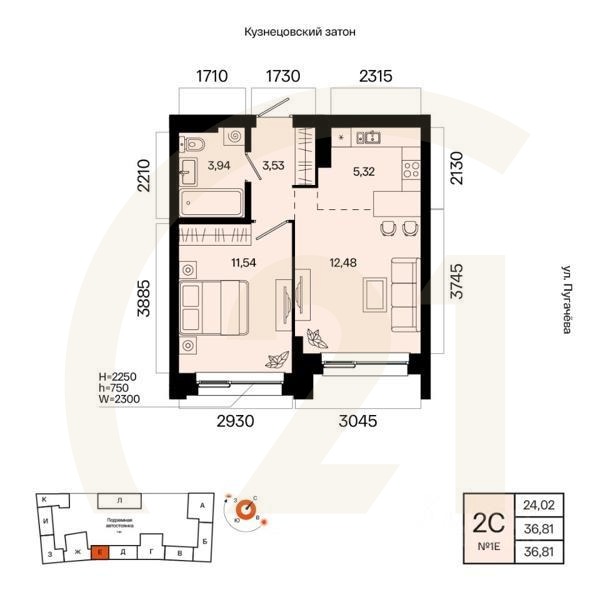 2-комн. квартира, 36,81 м²в ЖК «Первый остров»