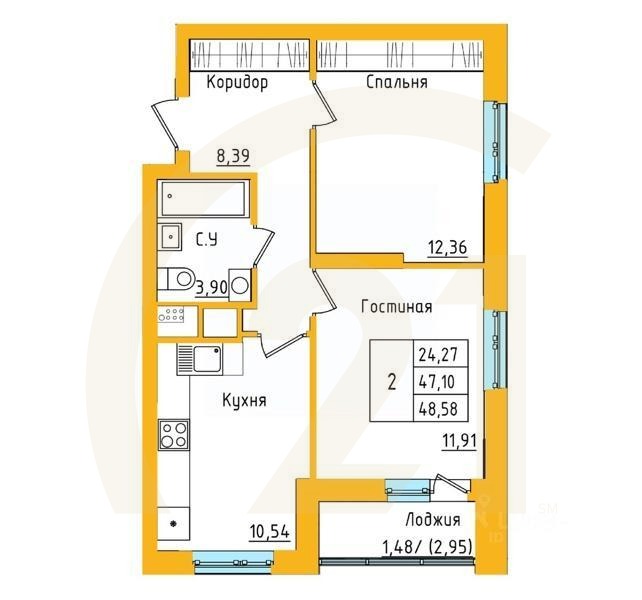 2-комн. квартира, 48,45 м²