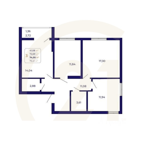 3-комн. квартира, 74,05 м²в ЖК «Паруса»