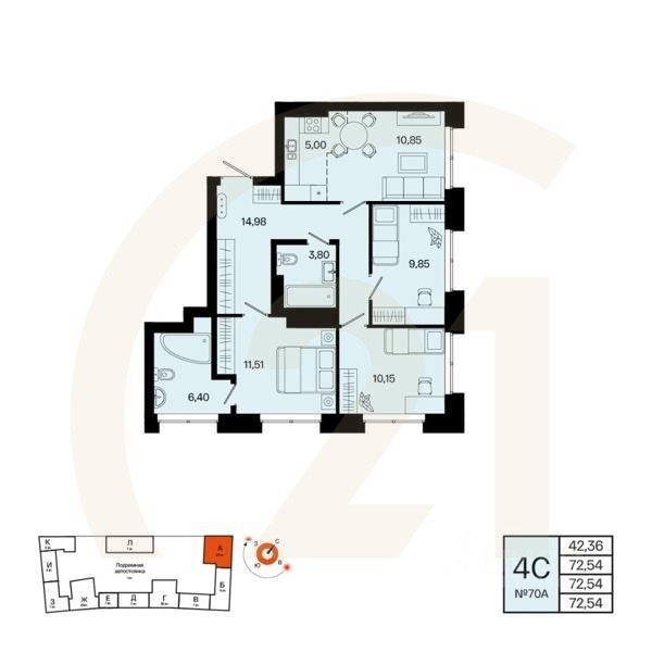 4-комн. квартира, 72,54 м²в ЖК «Первый остров»