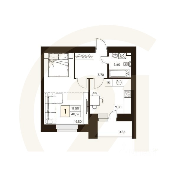 1-комн. квартира, 40,52 м²в ЖК «MATUR»