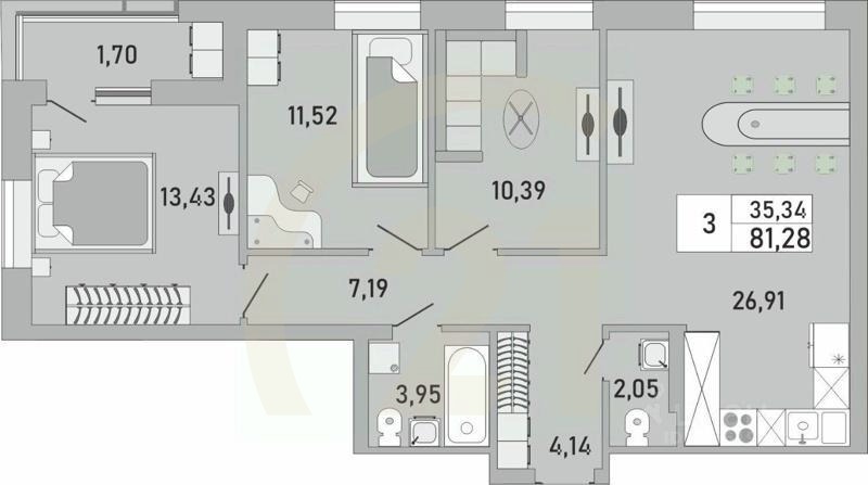 3-комн. квартира, 81,28 м²в ЖК «Платинум»