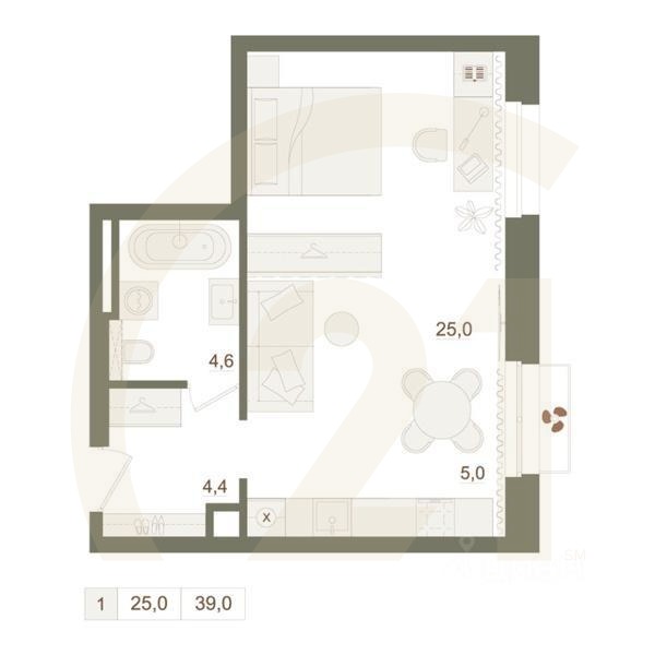 1-комн. квартира, 39 м²в ЖК «Квартал «Родина Парк»