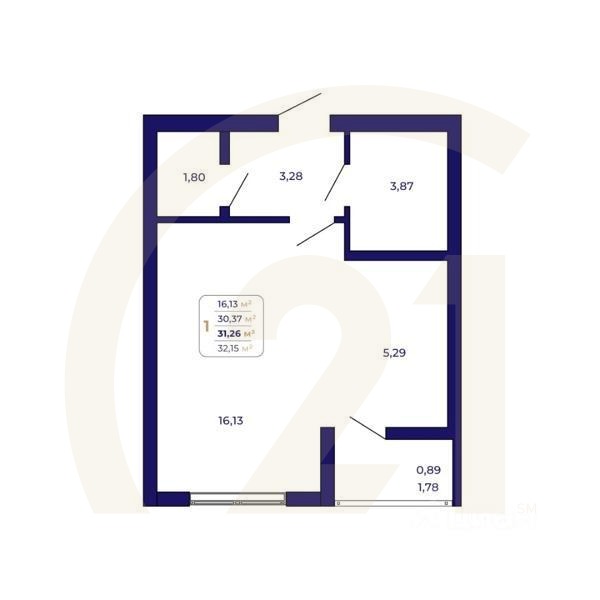 1-комн. квартира, 31,26 м²в ЖК «Паруса»