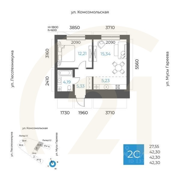 2-комн. квартира, 42,3 м²в ЖК «8 NEBO»