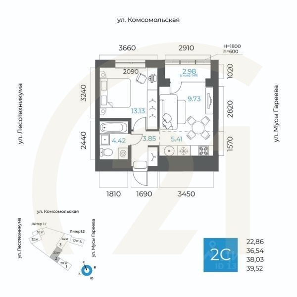 2-комн. квартира, 38,03 м²в ЖК «8 NEBO»