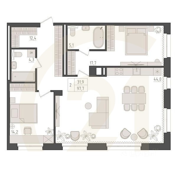 2-комн. квартира, 97,7 м²в ЖК «Новый Империал»