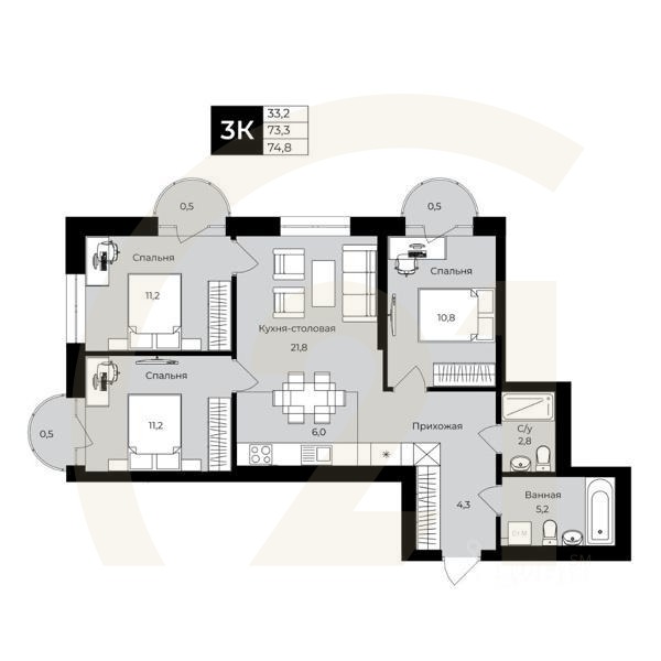 3-комн. квартира, 73,3 м²в ЖК «Ленинские высотки»