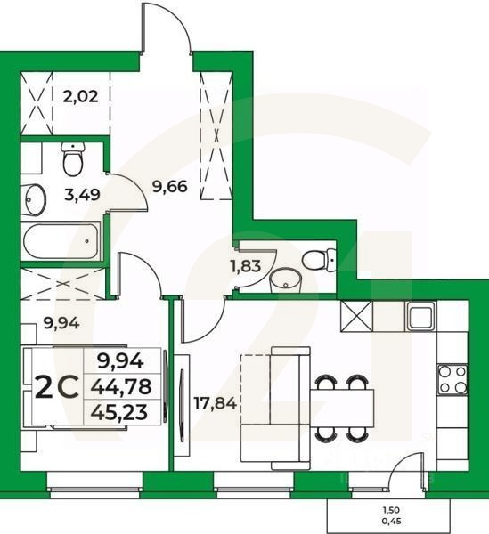 2-комн, 45,23 м²