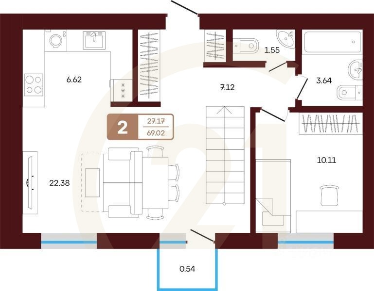 2-комн. квартира, 69,02 м²в ЖК «ЯРАТАУ»