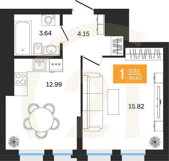 1-комн. квартира, 36,6 м²в ЖК «Грани»