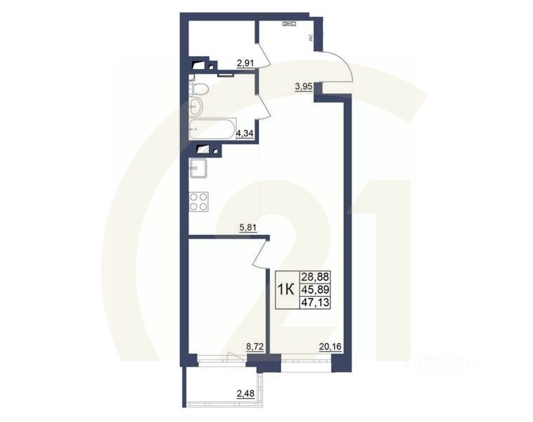 1-комн. квартира, 47,23 м²в ЖК «Космос»