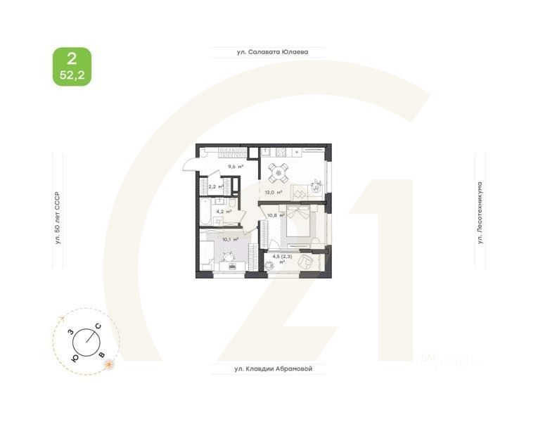 2-комн. квартира, 52,2 м²в ЖК «Бионика Парк»