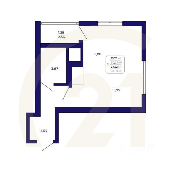 1-комн. квартира, 31,52 м²в ЖК «Паруса»