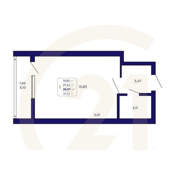1-комн. квартира, 28,97 м²в ЖК «Паруса»