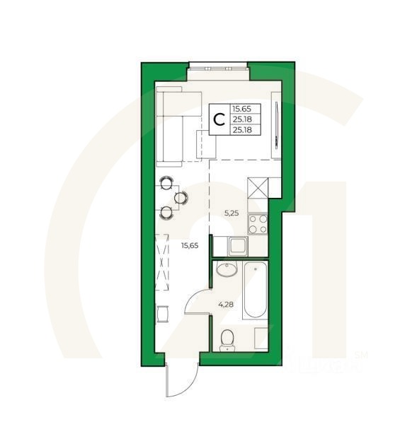 Студия, 25,18 м²