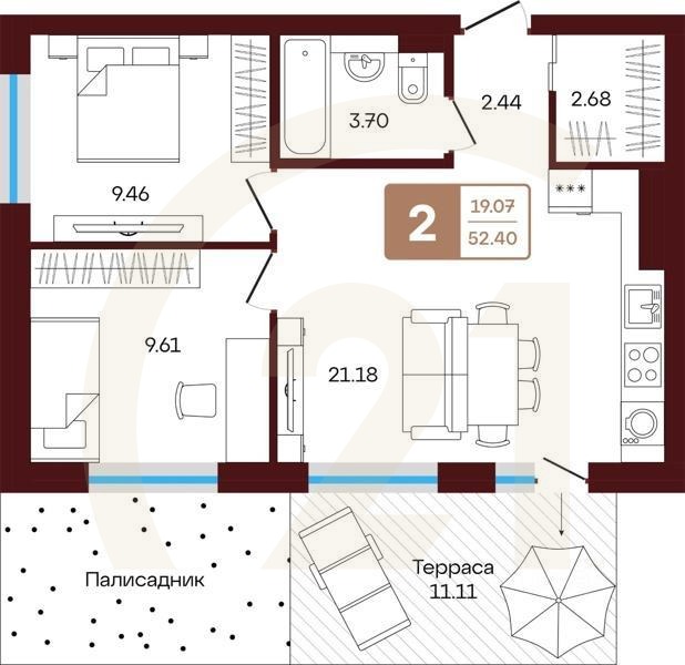2-комн, 52,4 м²в ЖК «ЯРАТАУ»