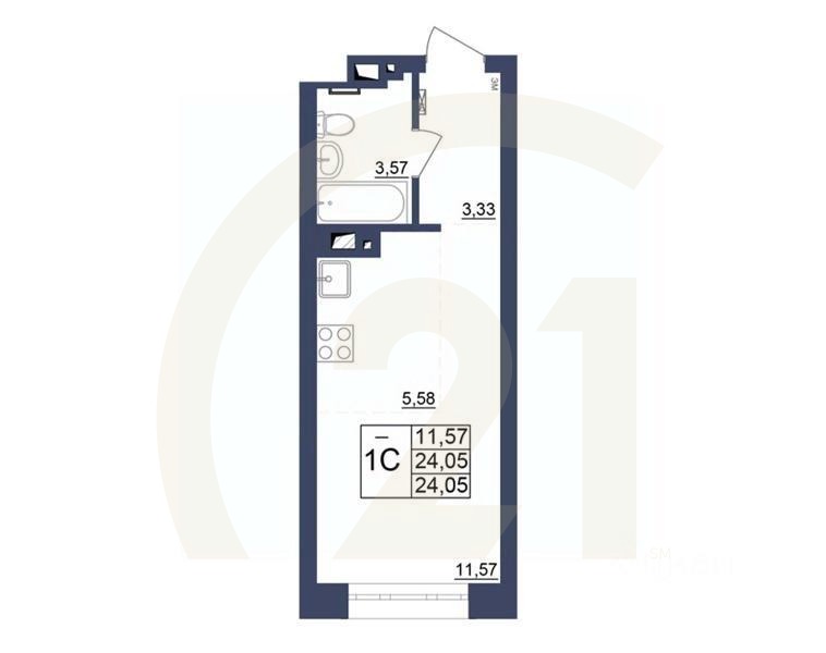 1-комн, 24,22 м²