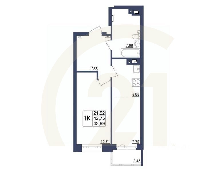 1-комн. квартира, 43,99 м²