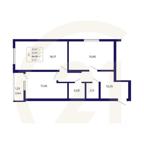 2-комн. квартира, 64,19 м²в ЖК «Паруса»