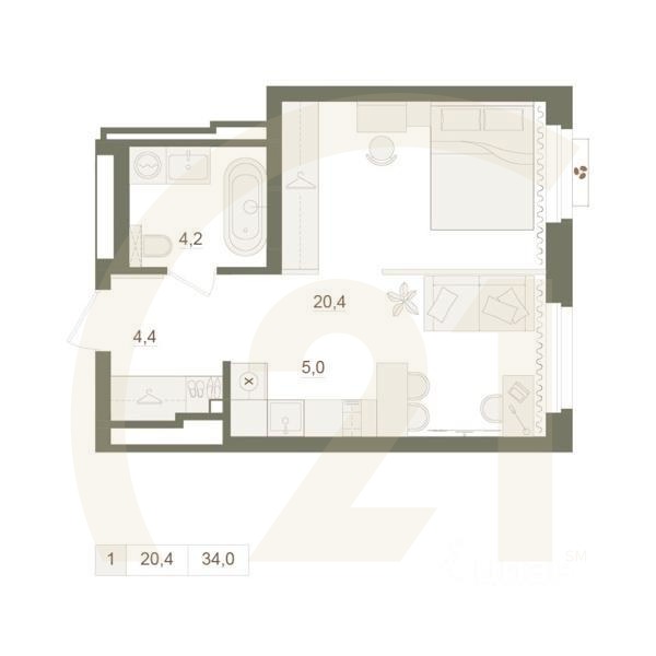 1-комн. квартира, 34 м²в ЖК «Квартал «Родина Парк»