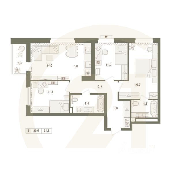 3-комн. квартира, 81,6 м²в ЖК «Квартал «Родина Парк»