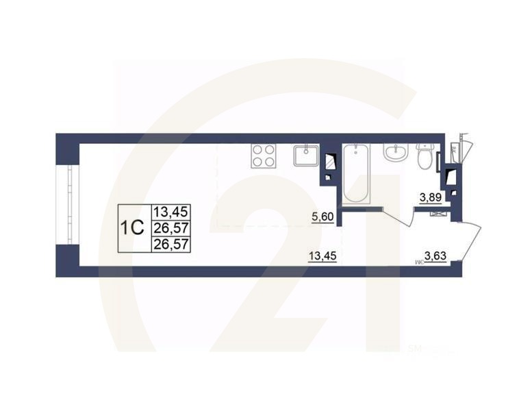 1-комн, 26,44 м²в ЖК «Космос»