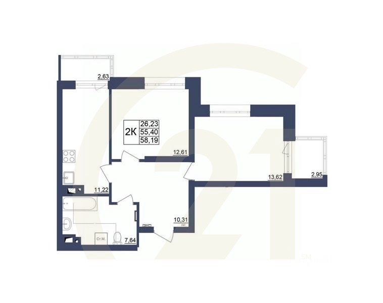 2-комн. квартира, 57,94 м²