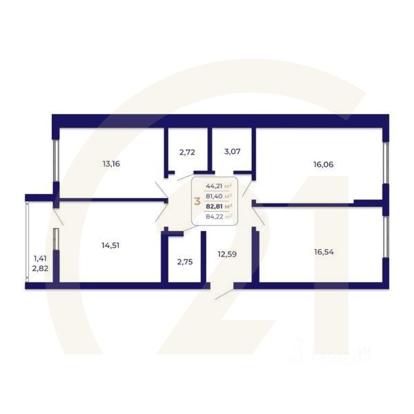 3-комн. квартира, 82,81 м²в ЖК «Паруса»