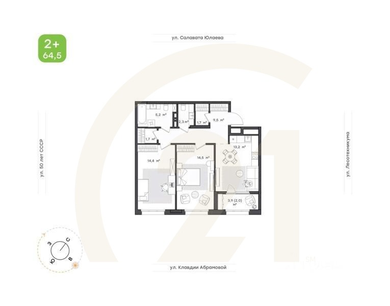 2-комн. квартира, 64,5 м²в ЖК «Бионика Парк»