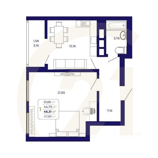 1-комн. квартира, 46,31 м²в ЖК «Паруса»