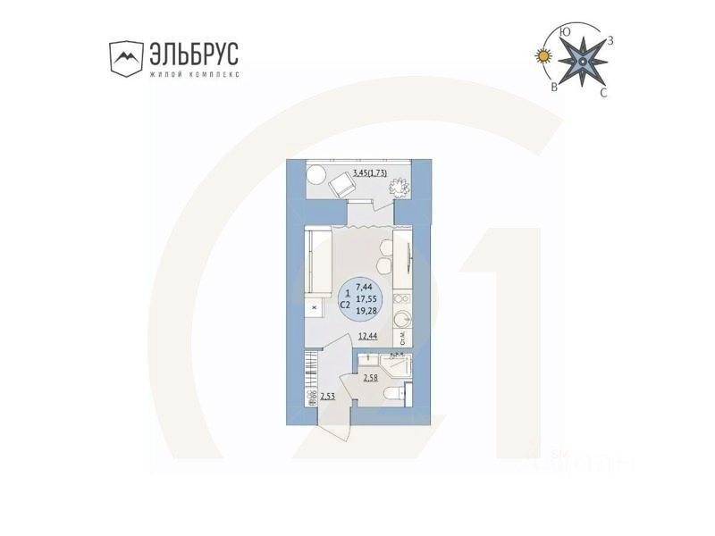 1-комн, 19,28 м²в ЖК «Эльбрус»