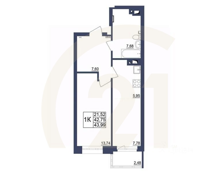 1-комн. квартира, 44,24 м²в ЖК «Космос»