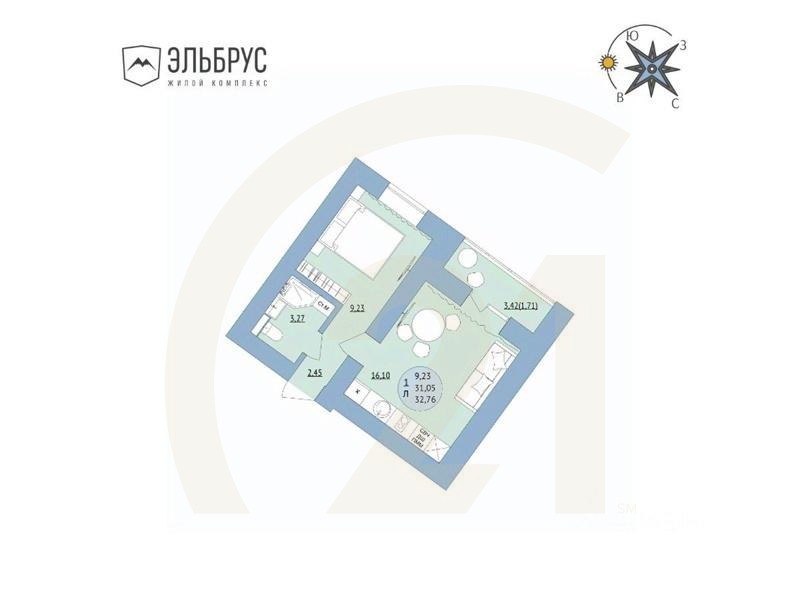 1-комн. квартира, 32,76 м²в ЖК «Эльбрус»