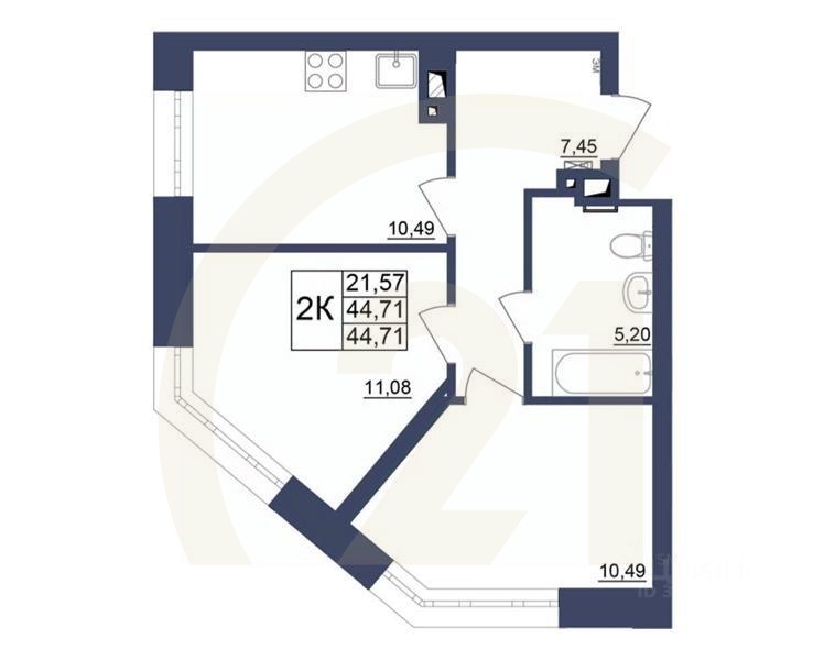 2-комн. квартира, 44,8 м²в ЖК «Космос»