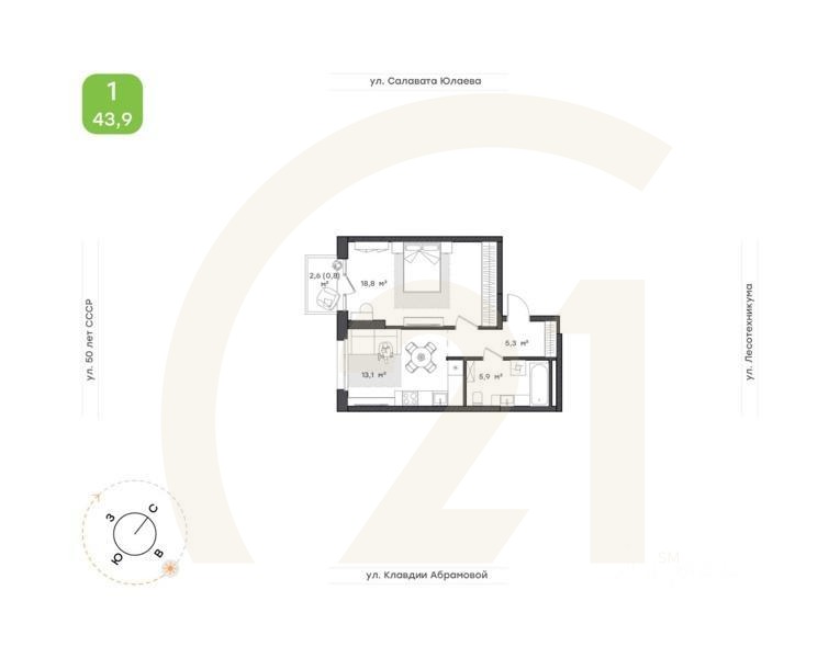 1-комн. квартира, 43,9 м²в ЖК «Бионика Парк»
