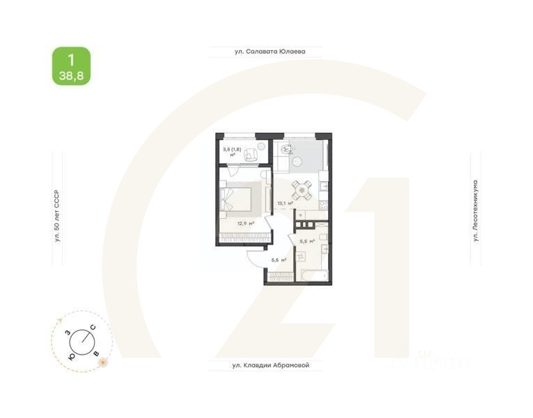 1-комн. квартира, 38,8 м²в ЖК «Бионика Парк»
