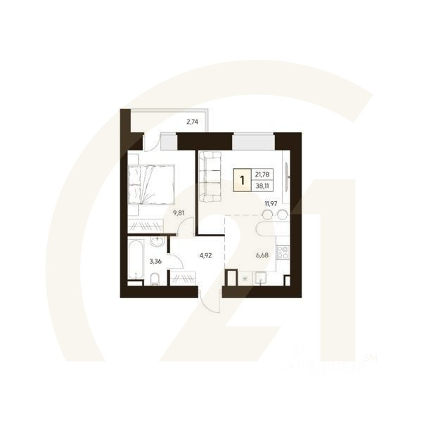 1-комн. квартира, 38,47 м²в ЖК «MATUR»