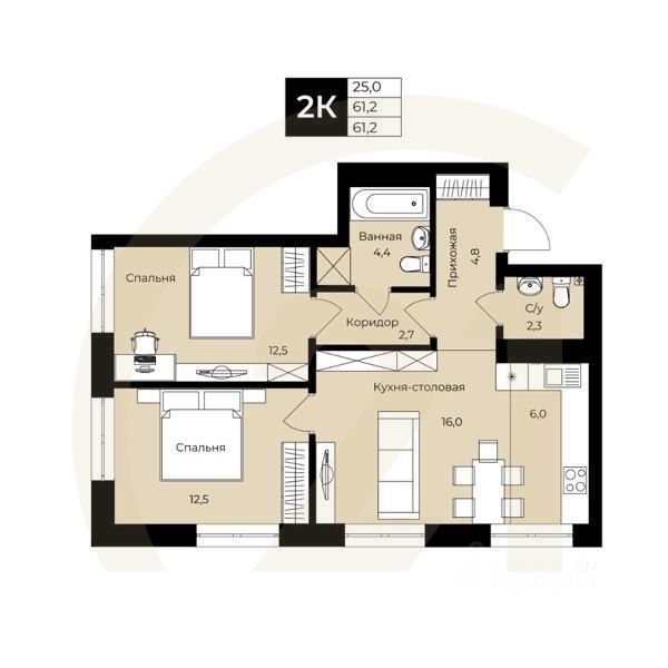 2-комн. квартира, 61,2 м²в ЖК «Ленинские высотки»