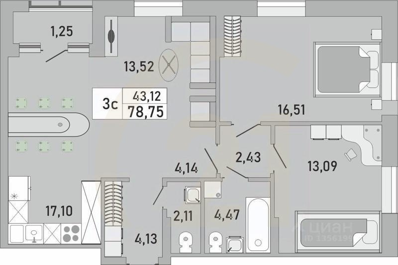 3-комн. квартира, 78,75 м²в ЖК «Платинум»