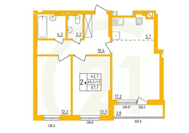 2-комн. квартира, 66,7 м²в ЖК «Акварель»
