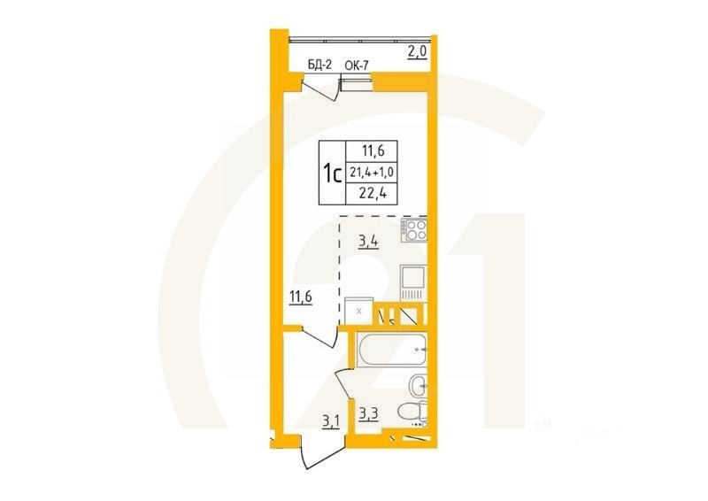 студия, 22,4 м²